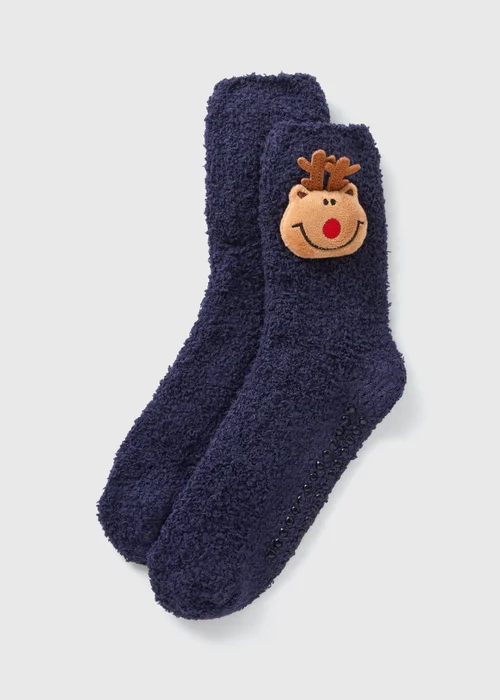 Kids Navy Reindeer Fluffy Socks (Younger 6-Older 6.5) - 4-6.5 Image 1