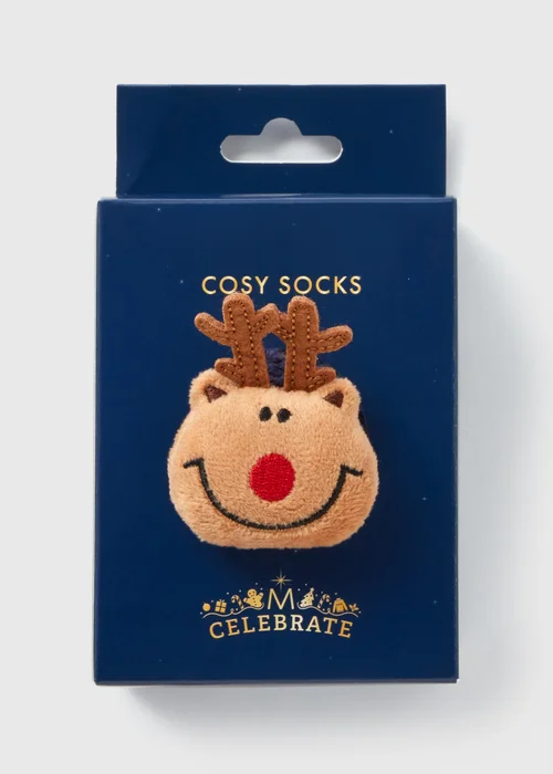 Kids Navy Reindeer Fluffy Socks (Younger 6-Older 6.5) - 4-6.5 Image 2