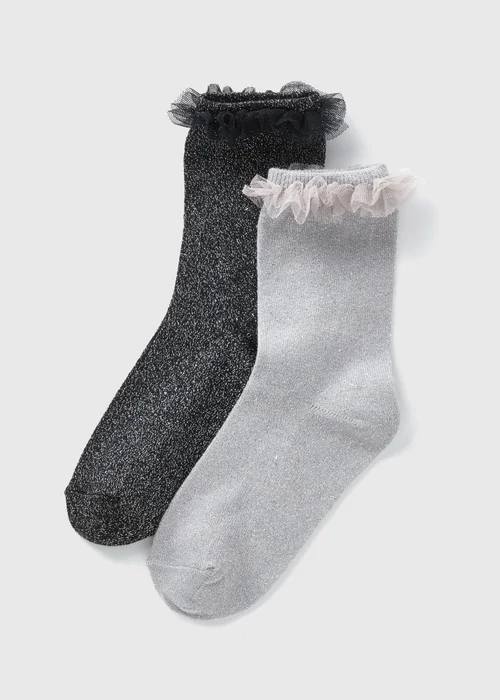 2 Pack Black & Grey Glitter Frill Socks (Younger 6-Older 5.5) - 4-5.5 Image 1