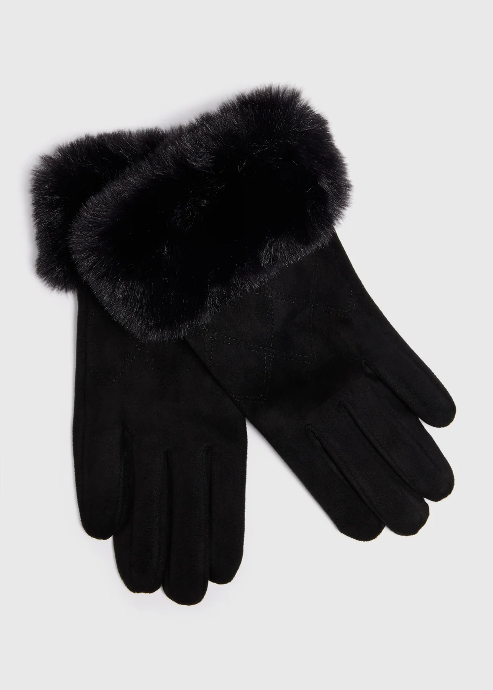 Black Faux Fur Trim Gloves - One Size Image 1