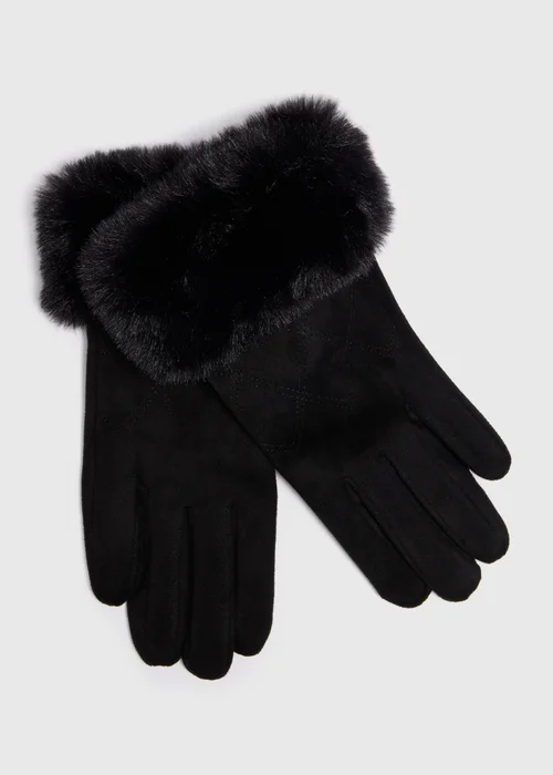 Black Faux Fur Trim Gloves - One Size Image 1