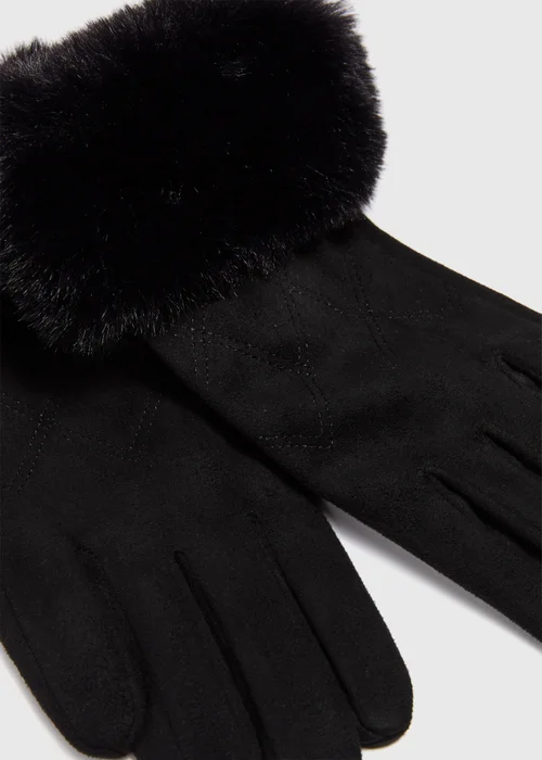Black Faux Fur Trim Gloves - One Size Image 2