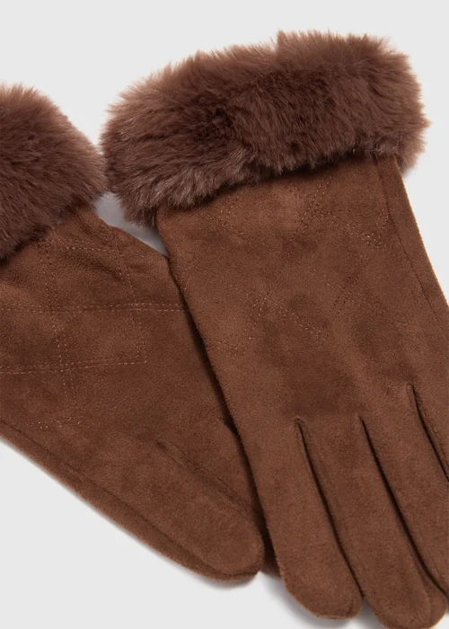 Brown Faux Fur Trim Gloves - One Size Image 2