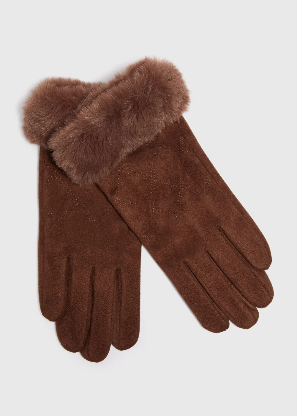 Brown Faux Fur Trim Gloves - One Size Image 1