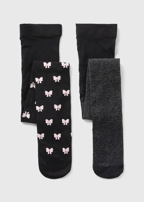 2 Pack Girls Black Bow Tights (2-11yrs) - 2-3 Yrs Image 1