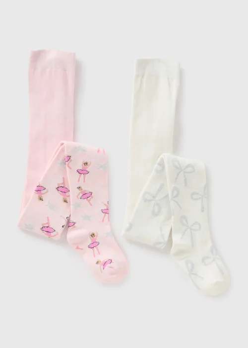 2 Pack Girls Pink & Cream Ballerina Bow Tights (2-11yrs) - 2-3 Yrs Image 1