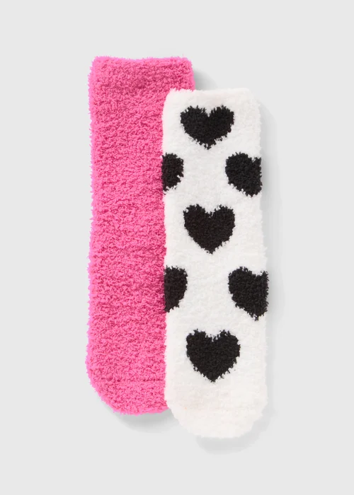 2 Pack Girls Pink Heart Fluffy Socks - 4-5.5 Image 1