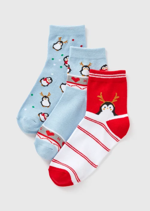 3 Pack Girls Blue Penguin Socks (Younger 6-Older 5.5) - 4-5.5 Image 1