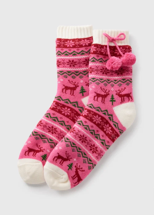 1 Pack Pink Fairisle Slipper Socks - One Size Image 1