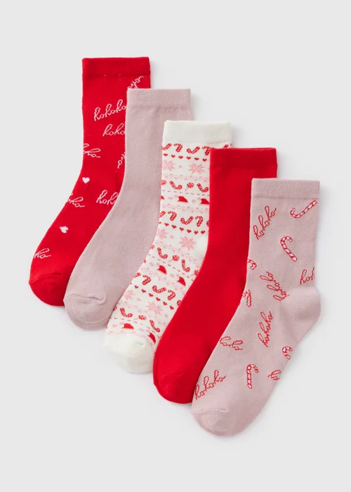 Wondrous 5 Pack Red Christmas Print Socks - One Size Image 1