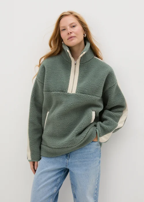 Khaki Contrast Borg Half Zip Fleece - S Image 1