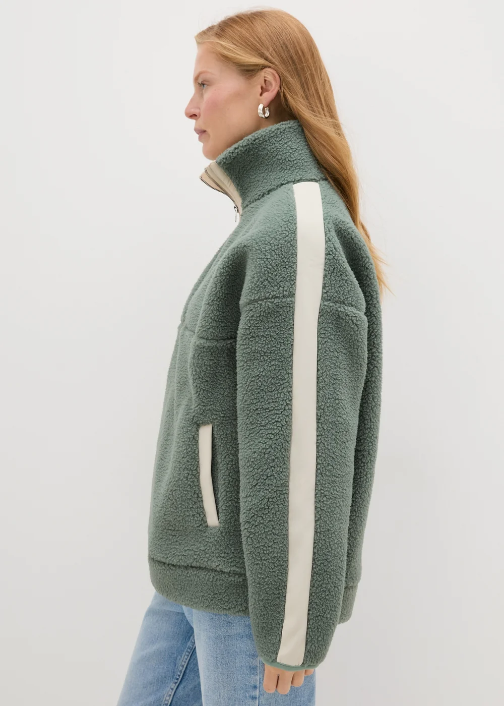 Khaki Contrast Borg Half Zip Fleece - S Image 2
