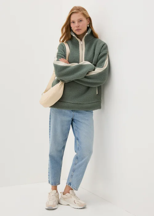Khaki Contrast Borg Half Zip Fleece - S Image 3