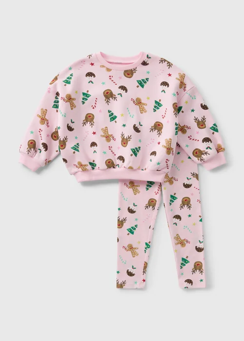 Girls Pink Christmas Print Sweatshirt & Leggings Set (1-7yrs) - 1 half year to 2 Image 1