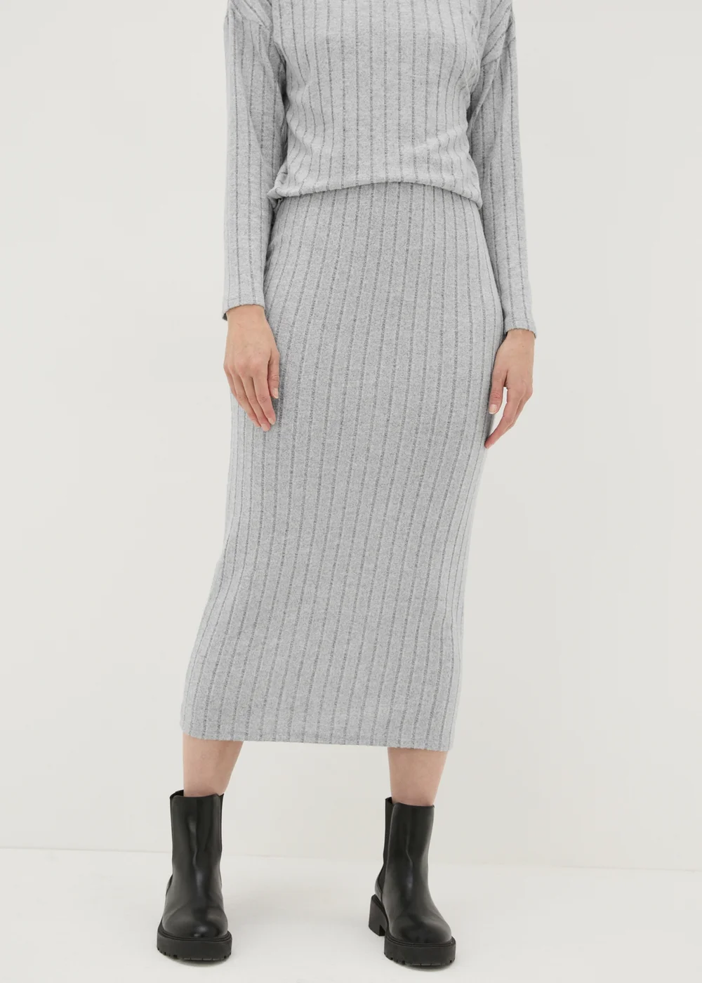 Grey Jersey Ribbed Midi Skirt - 8 Image 3