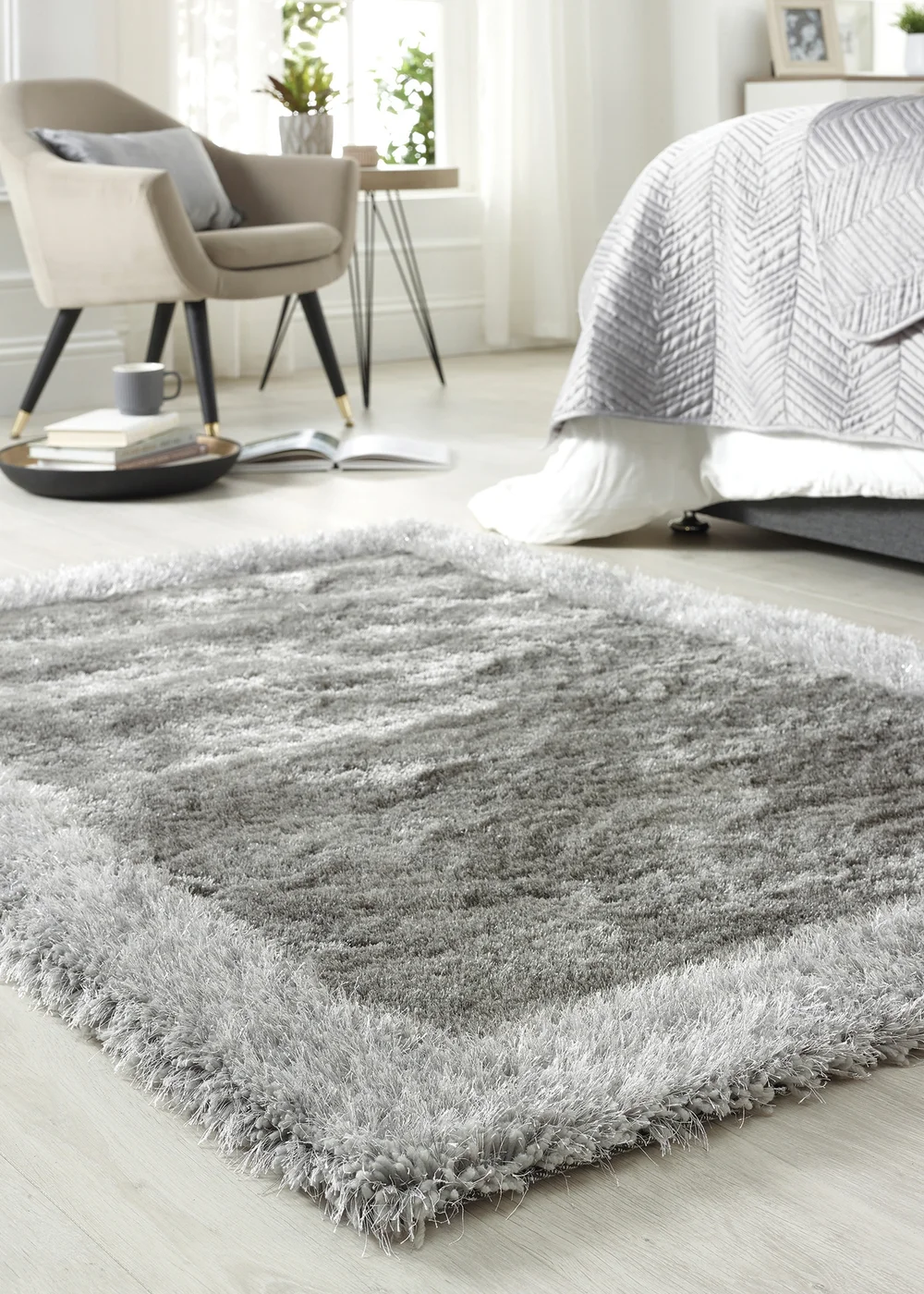 Origins Silver Shimmer Shaggy Border Rug - 80 x 150 Image 1