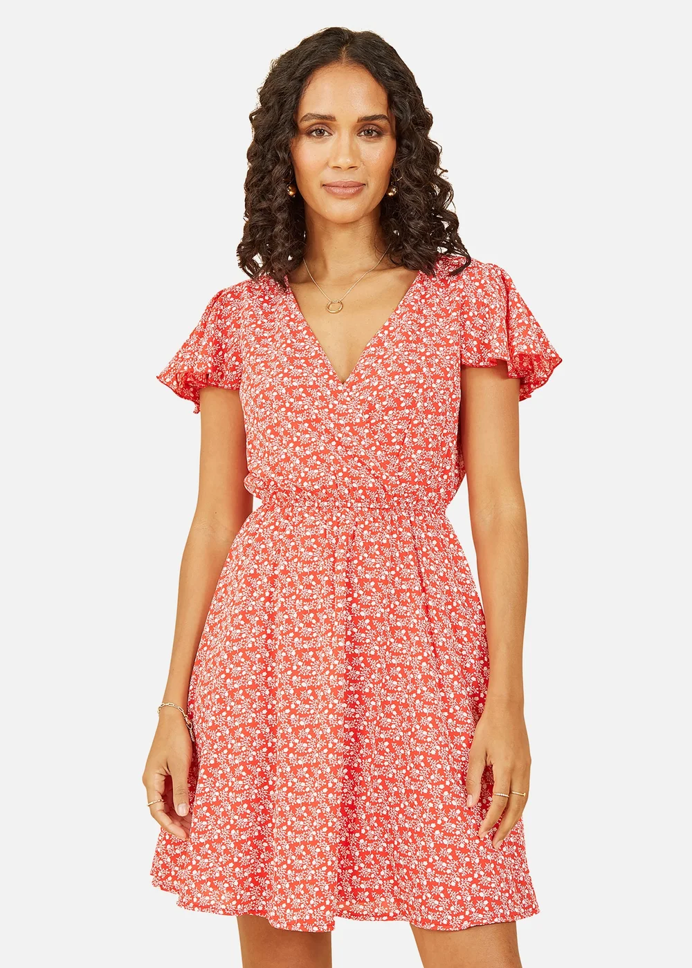 Mela Red Ditsy Print Wrap Skater Dress - 8 Image 3