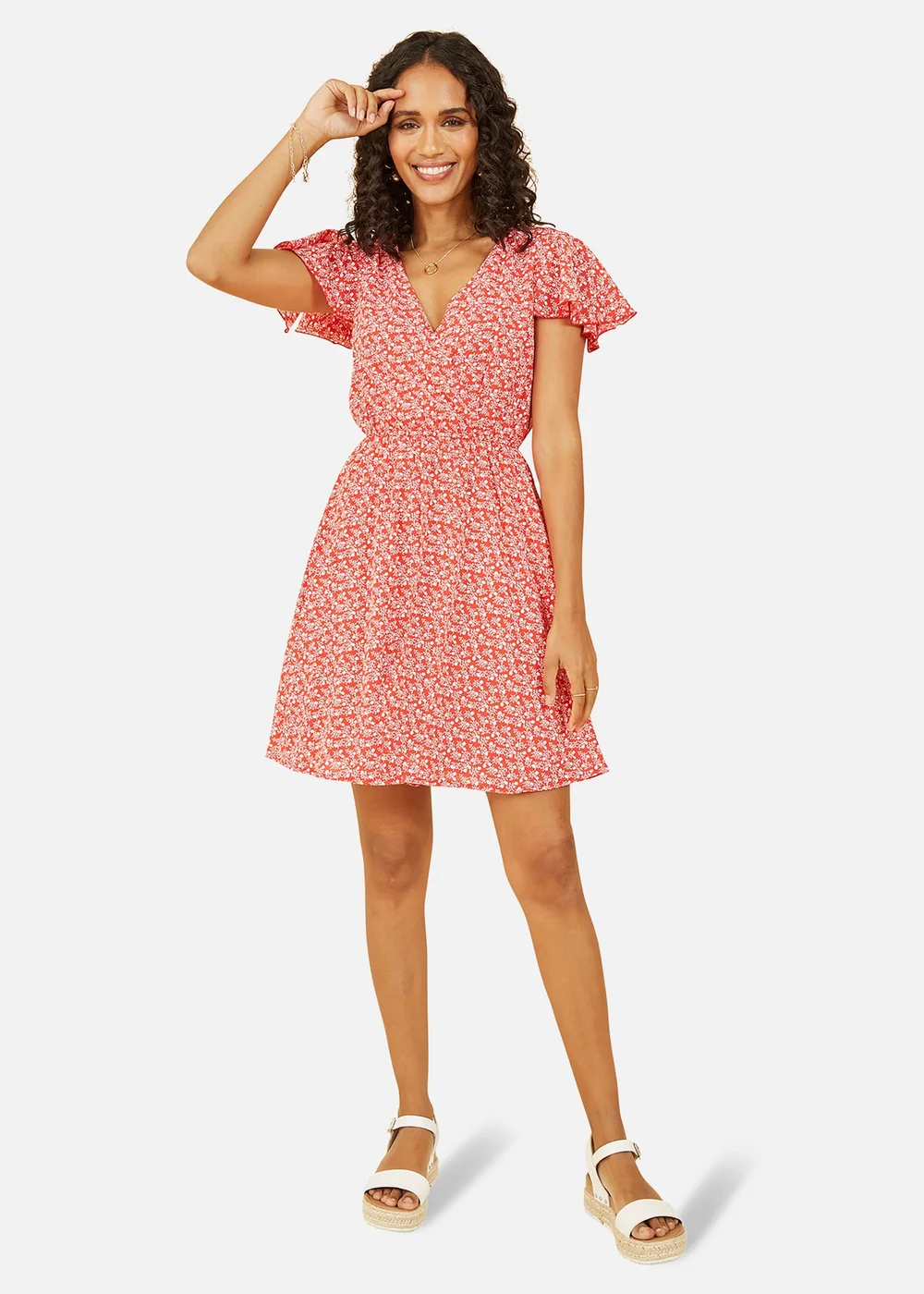Mela Red Ditsy Print Wrap Skater Dress - 8 Image 1