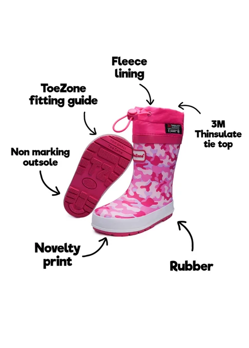 ToeZone Girls Pink Lucy Camo Tie Top Wellies (Younger 6-Older 12) - 12 Infants Image 5