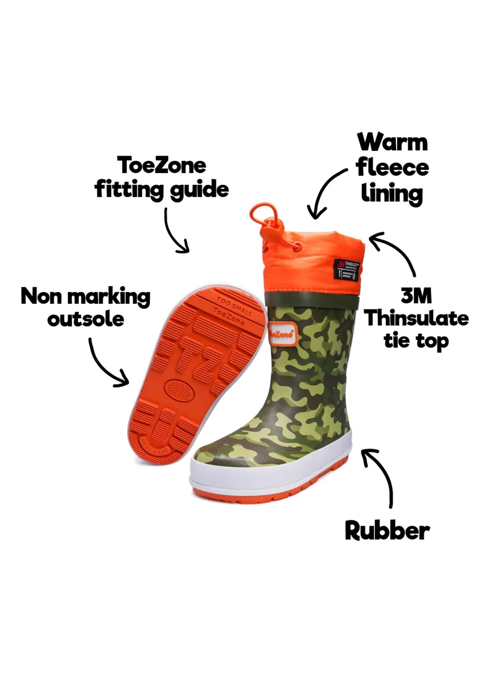 ToeZone Boys Orange Enzo Camo Tie Top Wellies (Younger 6- Older 12) - 6 Intants Image 5