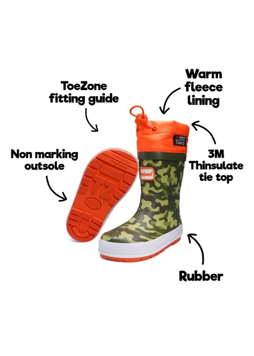 ToeZone Boys Orange Enzo Camo Tie Top Wellies (Younger 6- Older 12) - 6 Intants Image 5