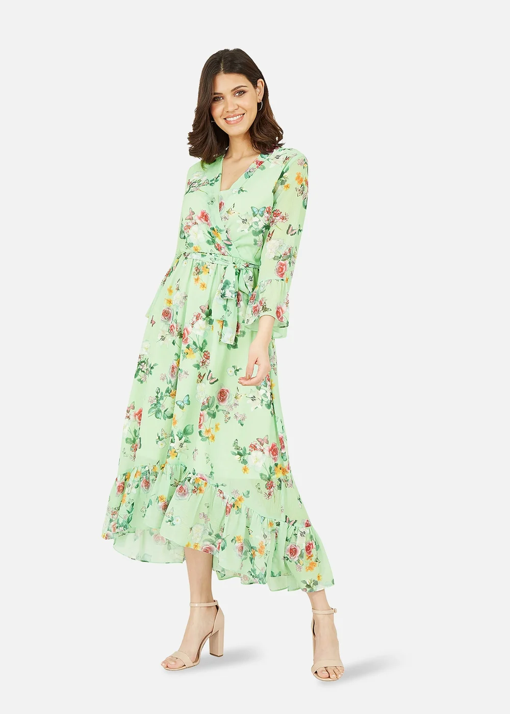 Yumi Mint Green Floral Butterfly Wrap High Low Dress - 8 Image 1