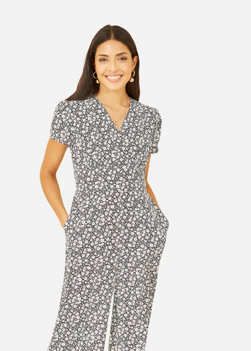Yumi Black Ditsy Floral Wrap Jumpsuit - Size 8 Image 2