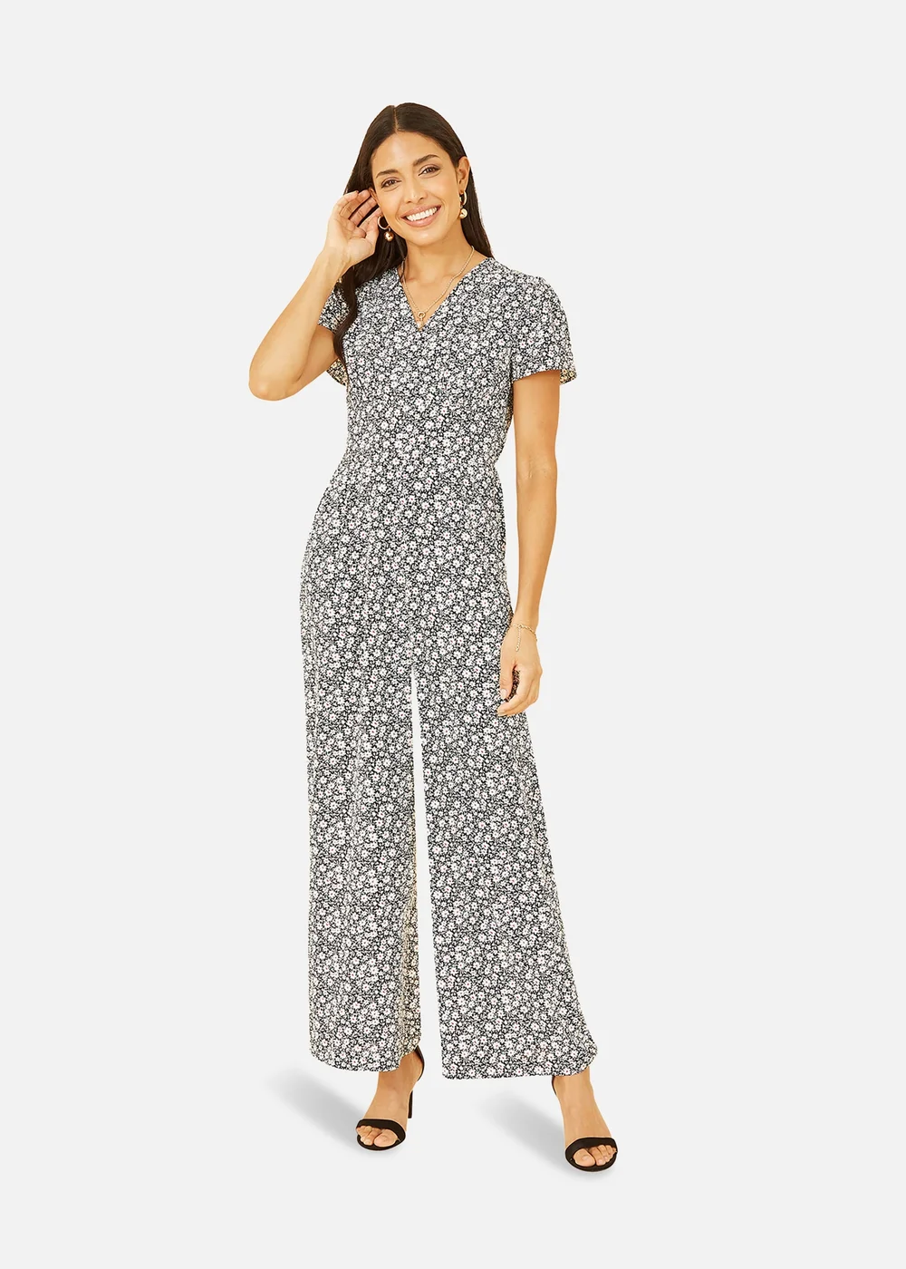 Yumi Black Ditsy Floral Wrap Jumpsuit - Size 8 Image 1