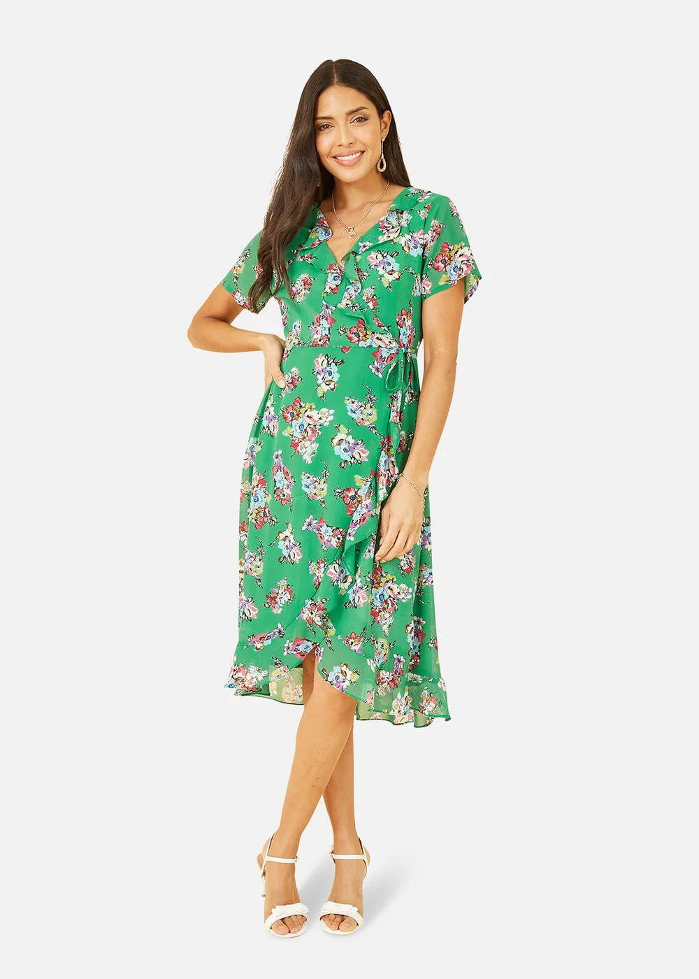 Yumi Green Floral Frill Wrap Midi Dress - 8 Image 1