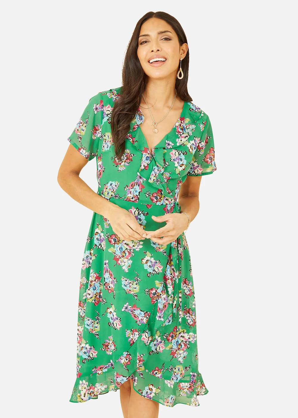 Yumi Green Floral Frill Wrap Midi Dress - 8 Image 2