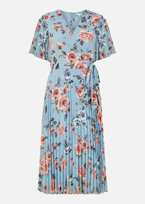 Yumi Blue Floral Pleated Wrap Midi Dress - 8 Image 3