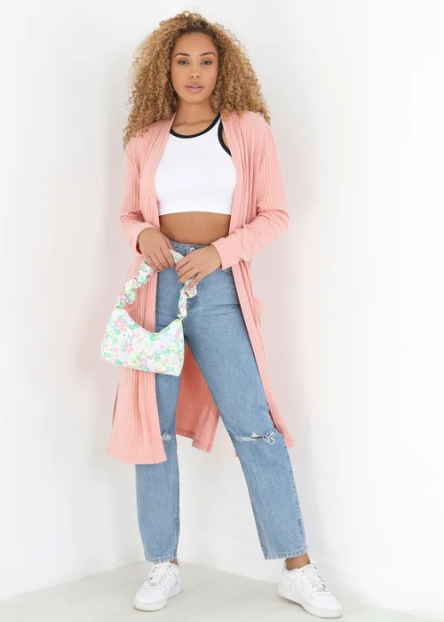 Brave Soul Pink Ribbed Oversized Lounge Cardigan - XS Image 1