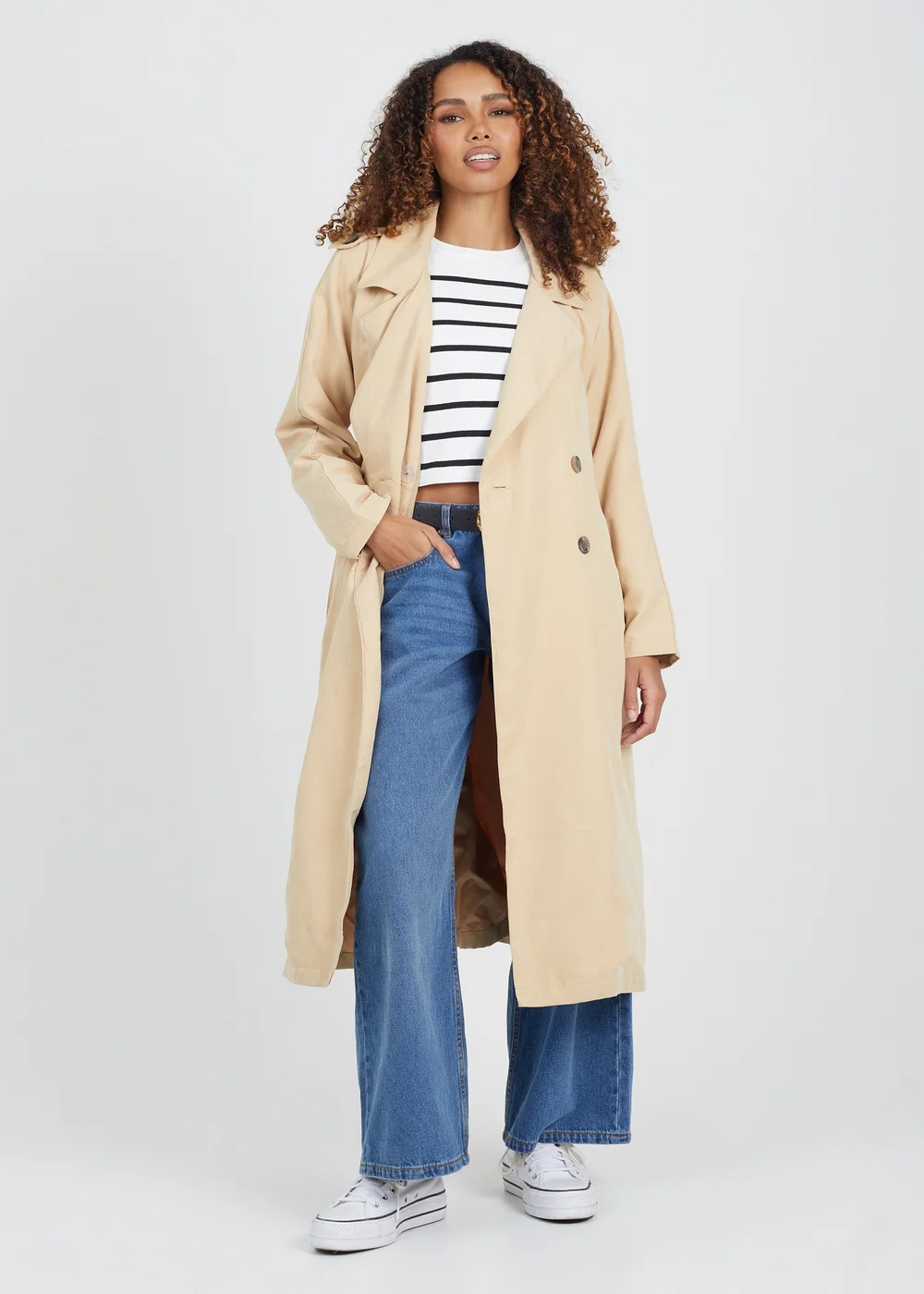 Brave Soul Camel Double-Breasted Longline Trench Coat with Raglan Sleeves - 8 Image 1