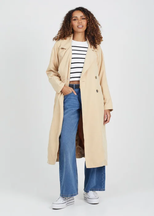 Brave Soul Camel Double-Breasted Longline Trench Coat with Raglan Sleeves - 8 Image 1