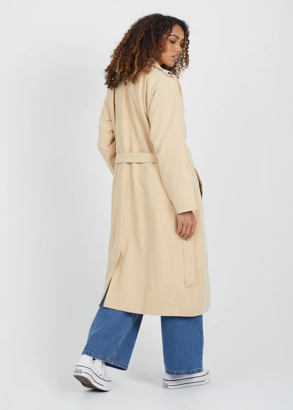 Brave Soul Camel Double-Breasted Longline Trench Coat with Raglan Sleeves - 8 Image 2