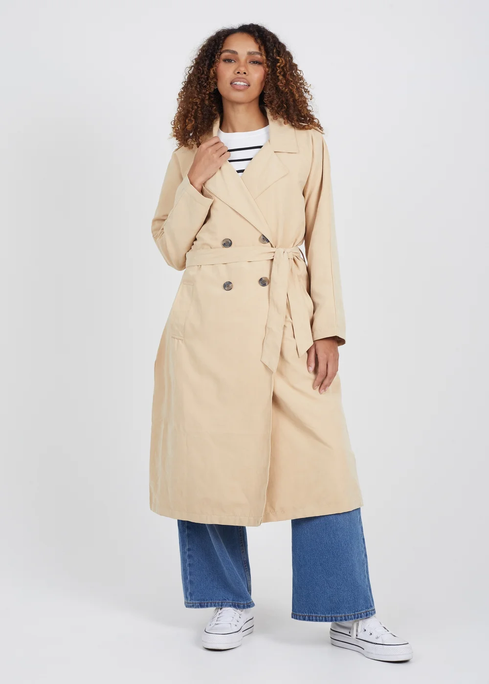 Brave Soul Camel Double-Breasted Longline Trench Coat with Raglan Sleeves - 8 Image 4