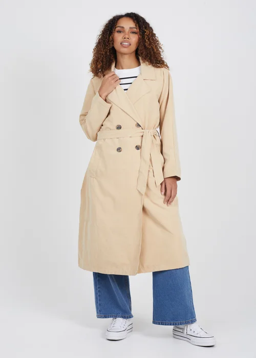 Brave Soul Camel Double-Breasted Longline Trench Coat with Raglan Sleeves - 8 Image 4