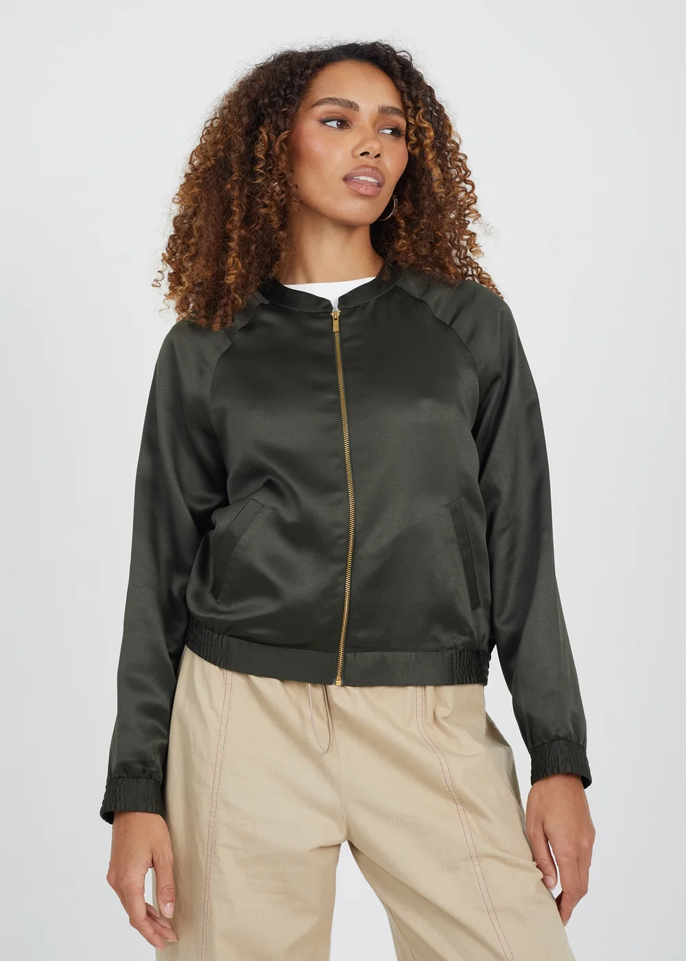 Brave Soul Khaki Satin Bomber Jacket - 8 Image 1