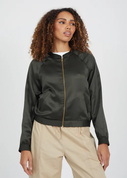 Brave Soul Khaki Satin Bomber Jacket - 8 Image 1