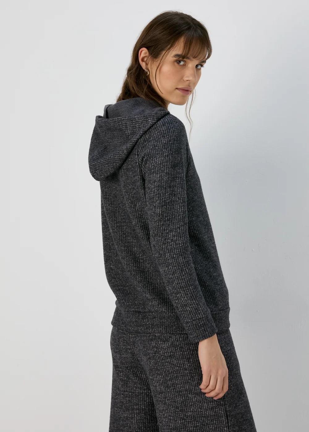 Charcoal Ribbed Pullover Hoodie - S Image 2