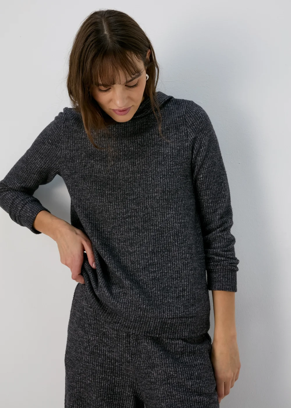 Charcoal Ribbed Pullover Hoodie - S Image 1