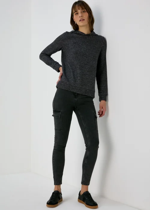 Charcoal Ribbed Pullover Hoodie - S Image 4