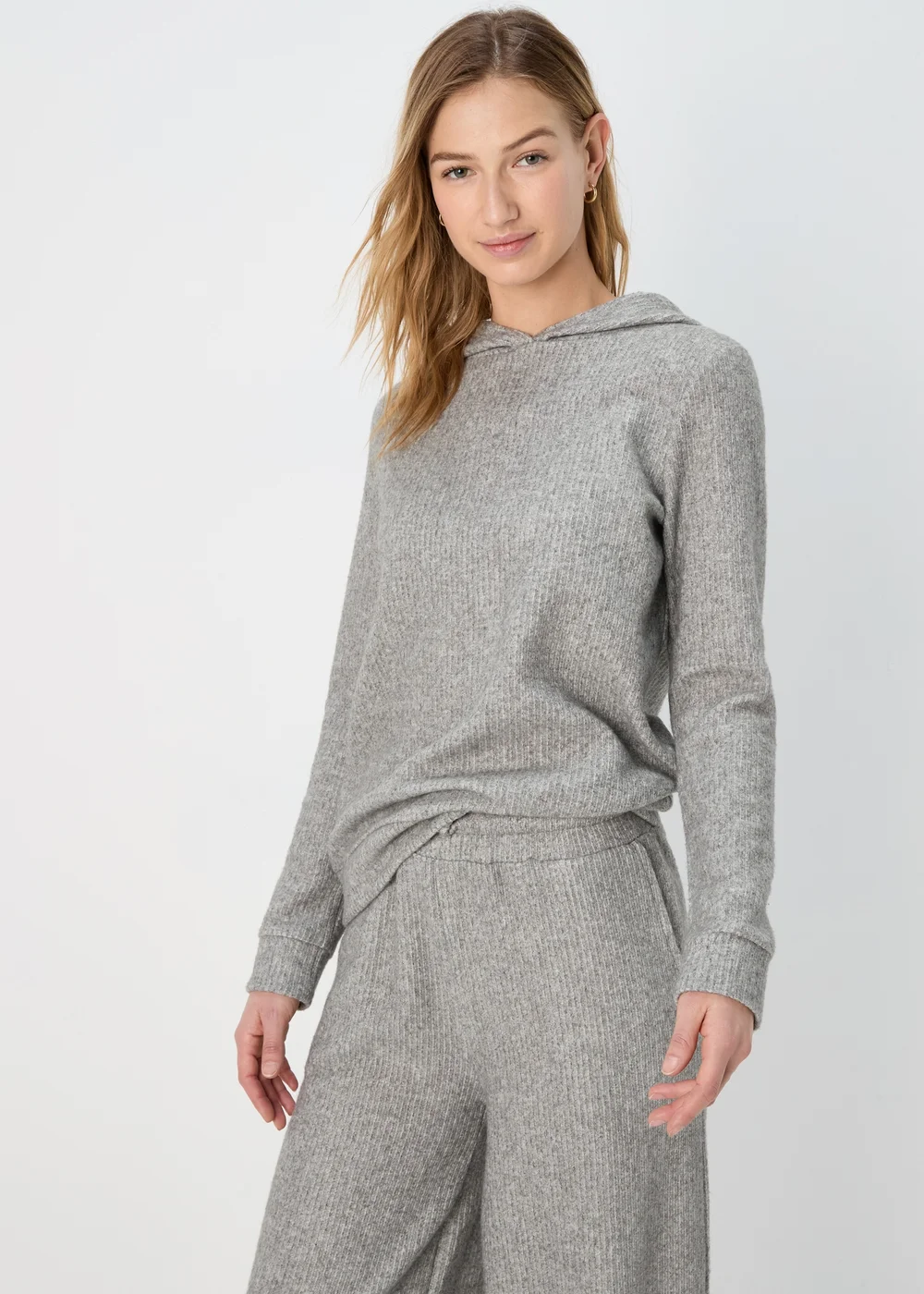 Grey Ribbed Pullover Hoodie - S Image 1