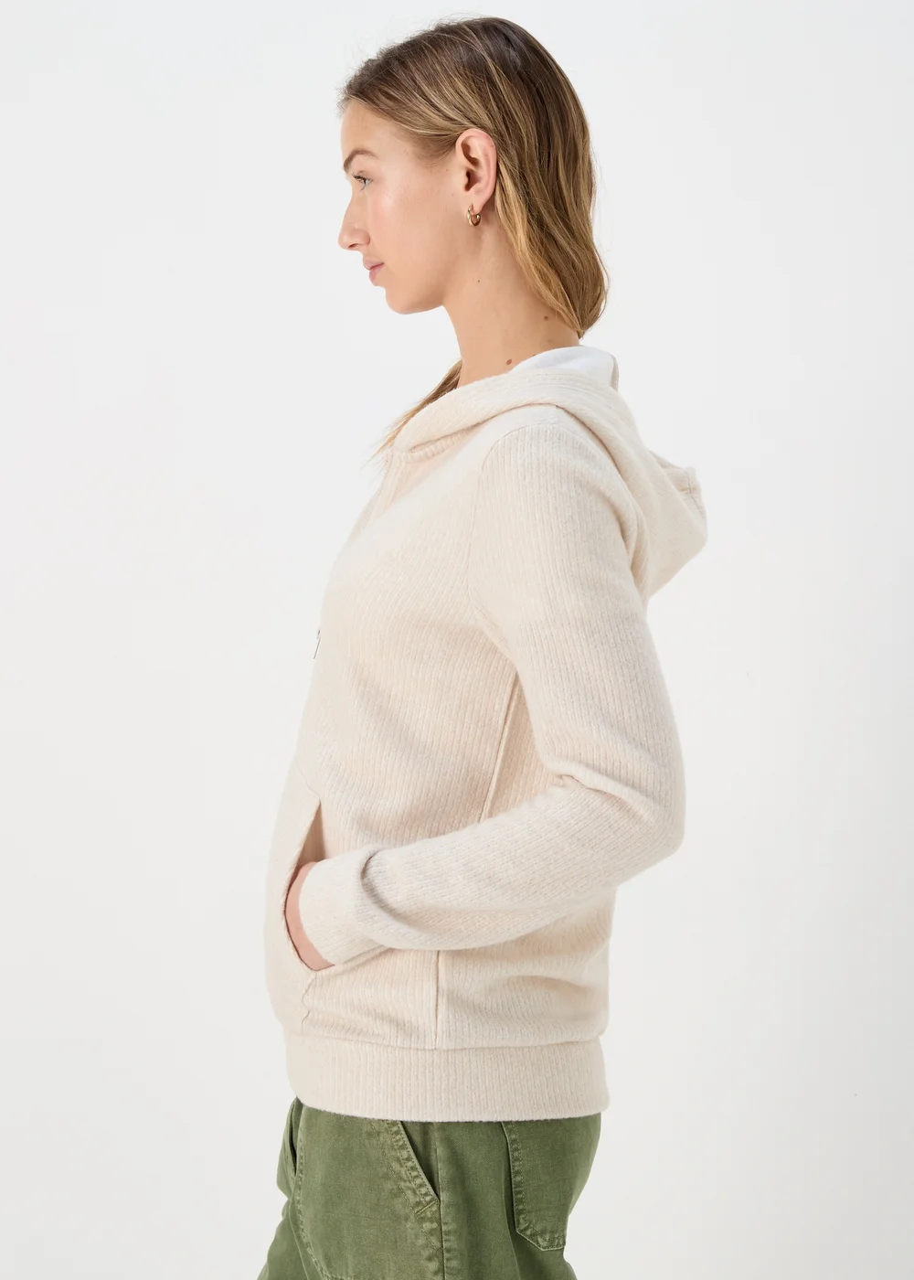 Oatmeal Zip Front Ribbed Hoodie - S Image 2