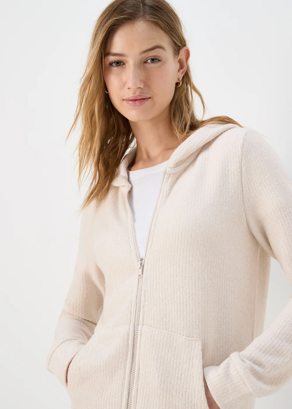 Oatmeal Zip Front Ribbed Hoodie - S Image 3