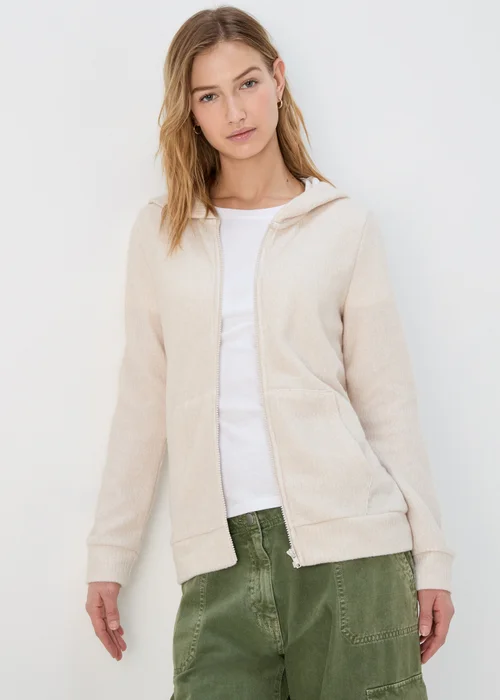 Oatmeal Zip Front Ribbed Hoodie - S Image 1