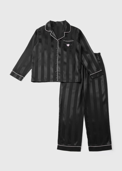 Girls Black Stripe Satin Pyjama Set (4-12yrs) - Age 4 Years Image 1
