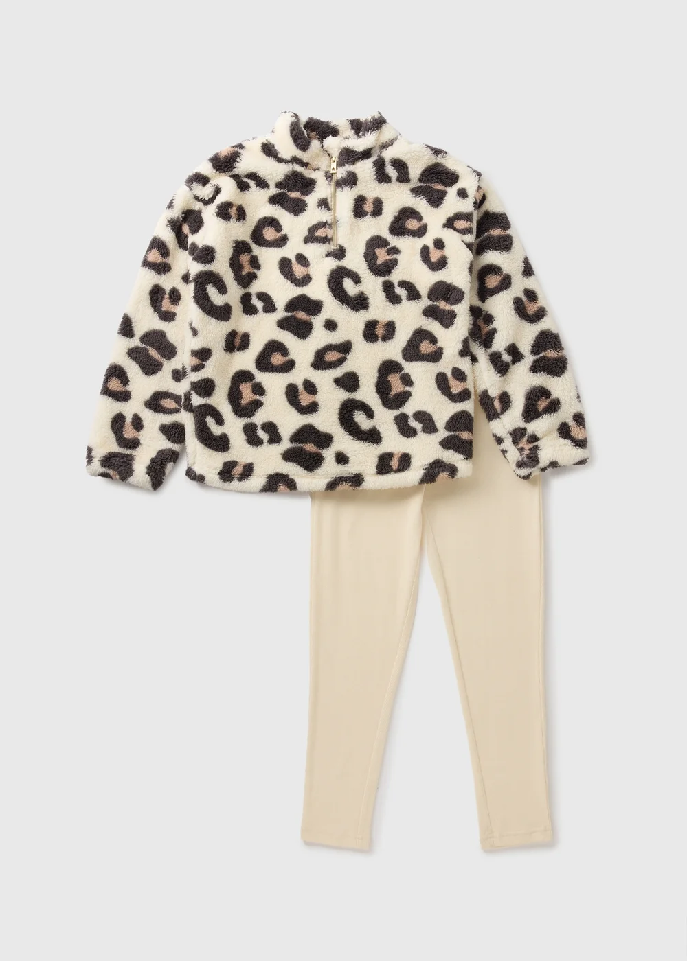 Cream Girls Leopard Print Half Zip Fleece & Leggings Loungewear Set (7-13yrs) - Age 7 Years Image 1
