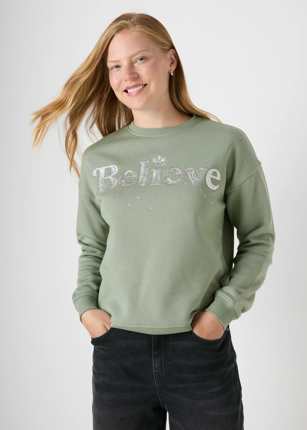 Wondrous Green Believe Sequin Sweatshirt - S Image 1