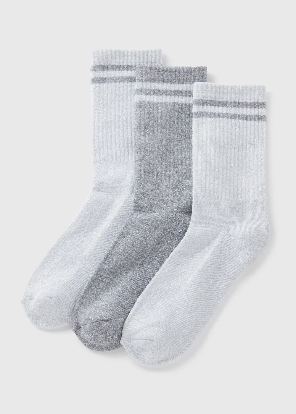 3 Pack Grey Lurex Crew Stripe Sports Socks - One Size Image 1